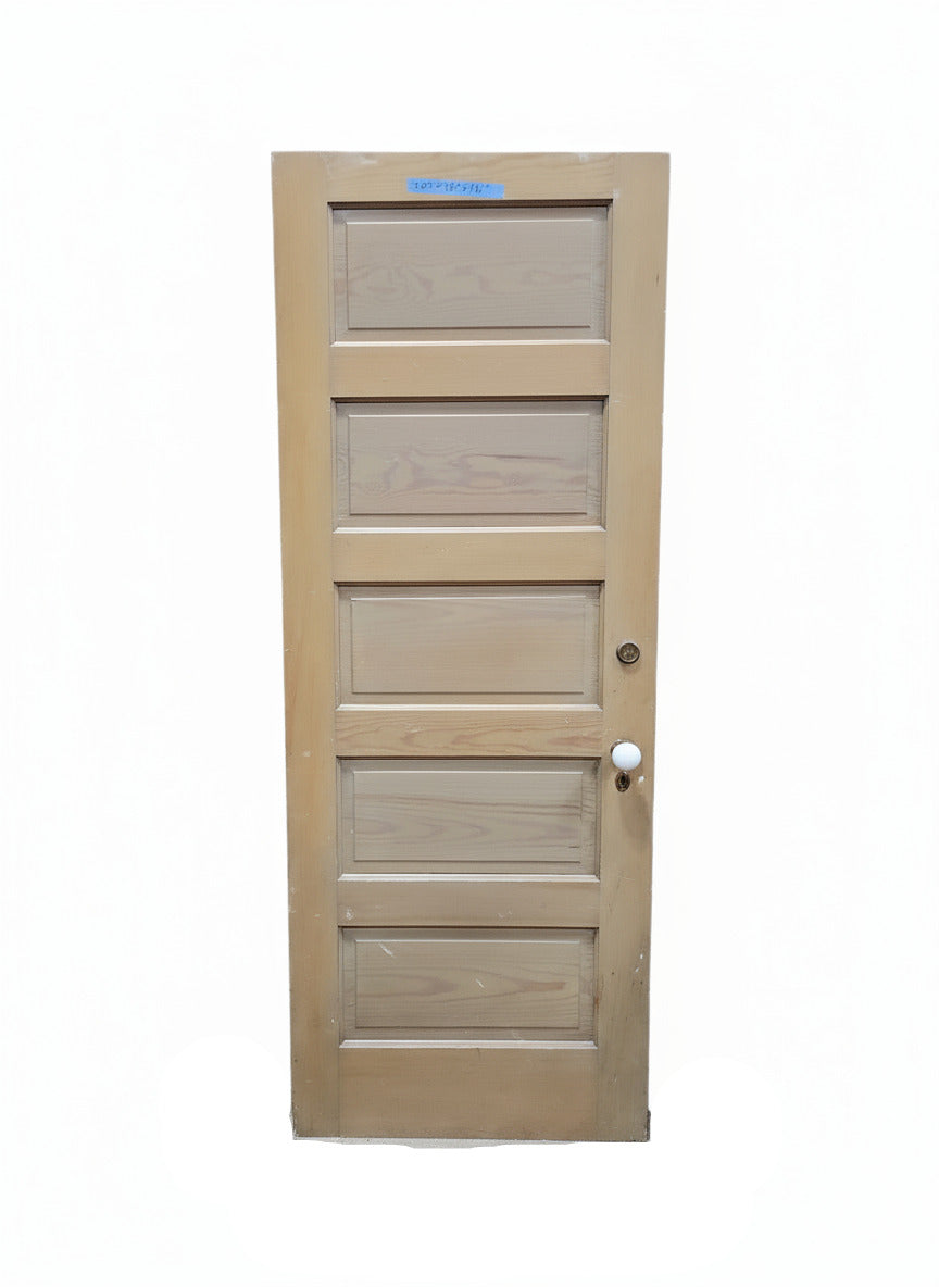 Antique 5-Panel Solid Pine Door with Porcelain Knob, Brass Hardware, and Deadbolt Lock