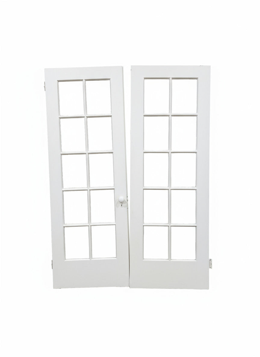 Set of Antique French Double Doors with 10-Lite Glass Panels and Porcelain Knob