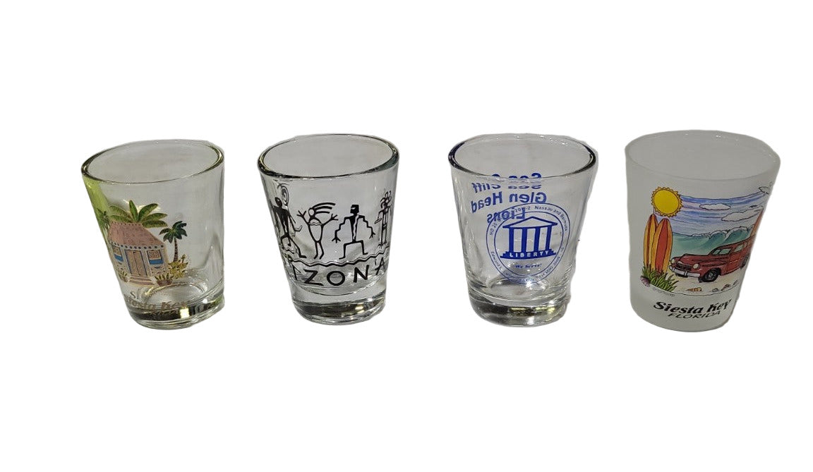 Vintage Souvenir Shot Glass Collection – Set of 4 (Arizona, Florida, Elgin Head Lions Club, Siesta Key)