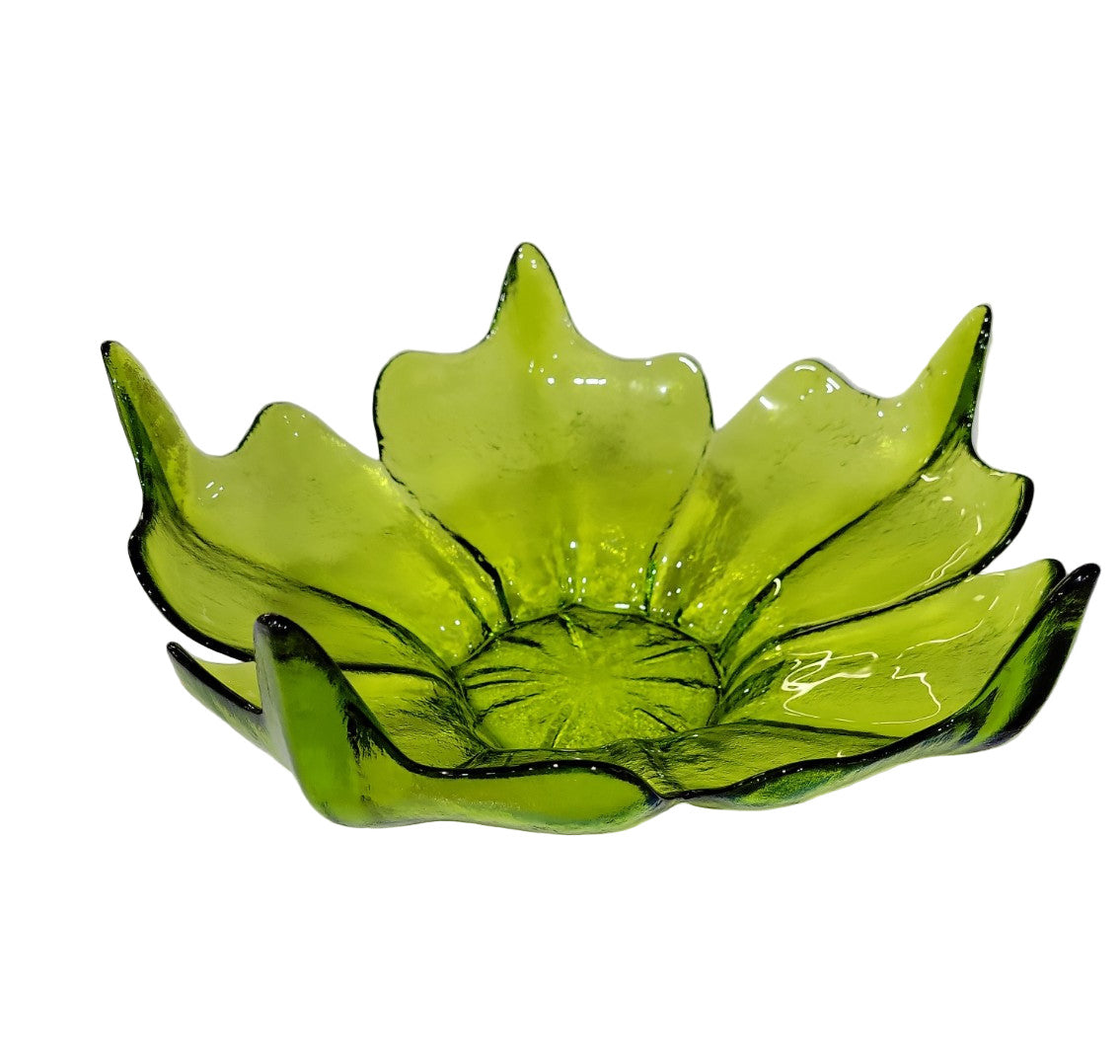 Mid-Century Hand-Blown Green Art Glass Flower Bowl – 13 ½" Diameter