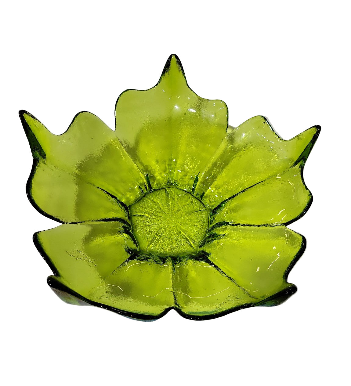 Mid-Century Hand-Blown Green Art Glass Flower Bowl – 13 ½" Diameter