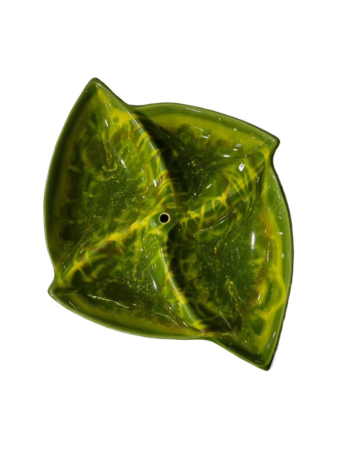 Mid-Century Green Drip Glaze Divided Ceramic Dish – Leaf Form