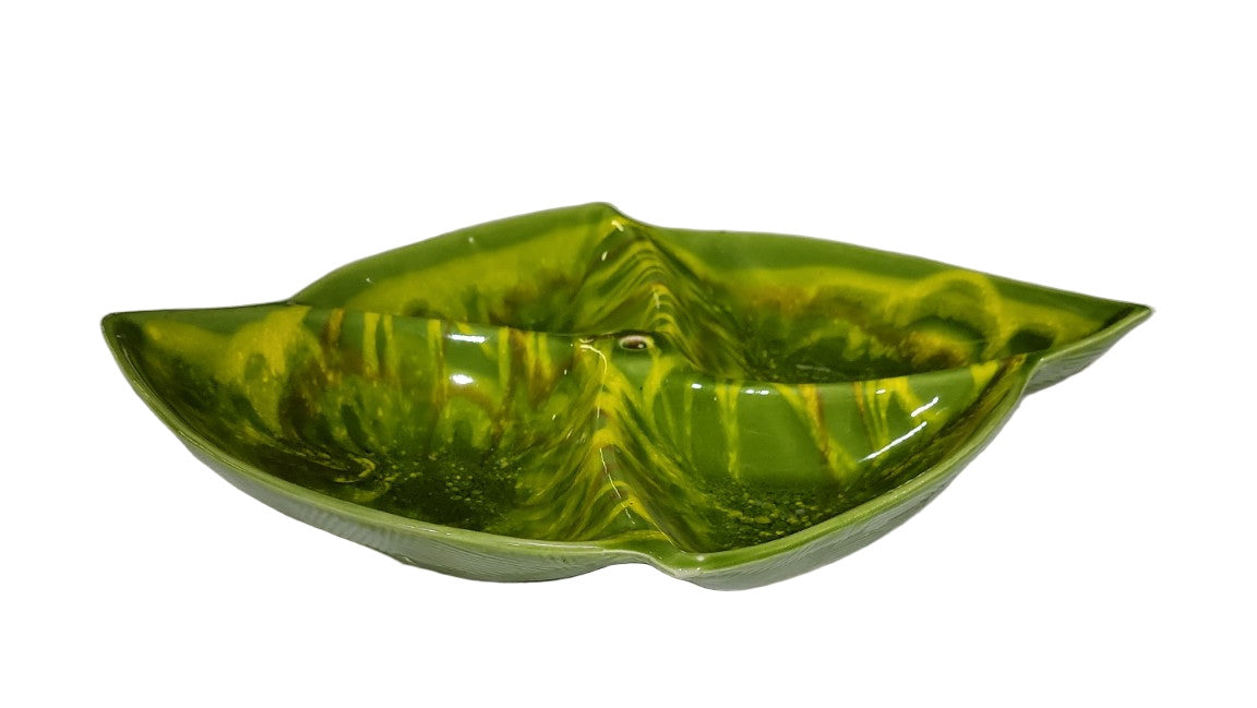 Mid-Century Green Drip Glaze Divided Ceramic Dish – Leaf Form