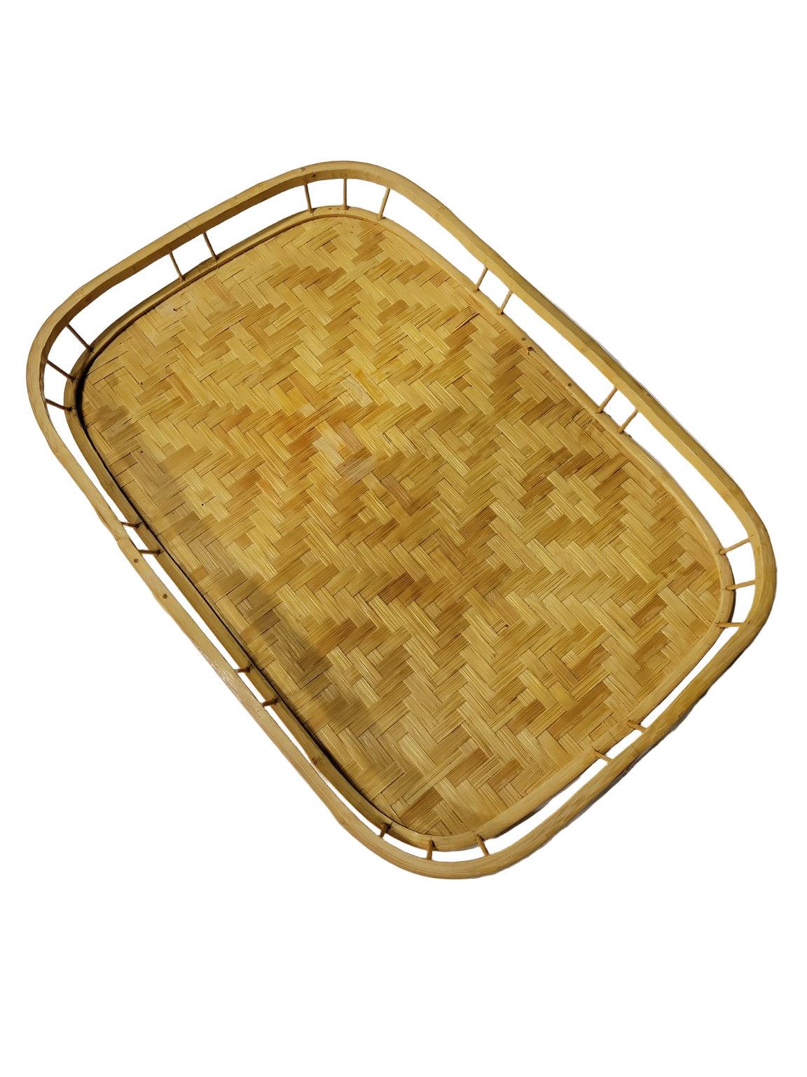 Vintage Handwoven Bamboo Serving Tray – Rectangular Wicker Pattern