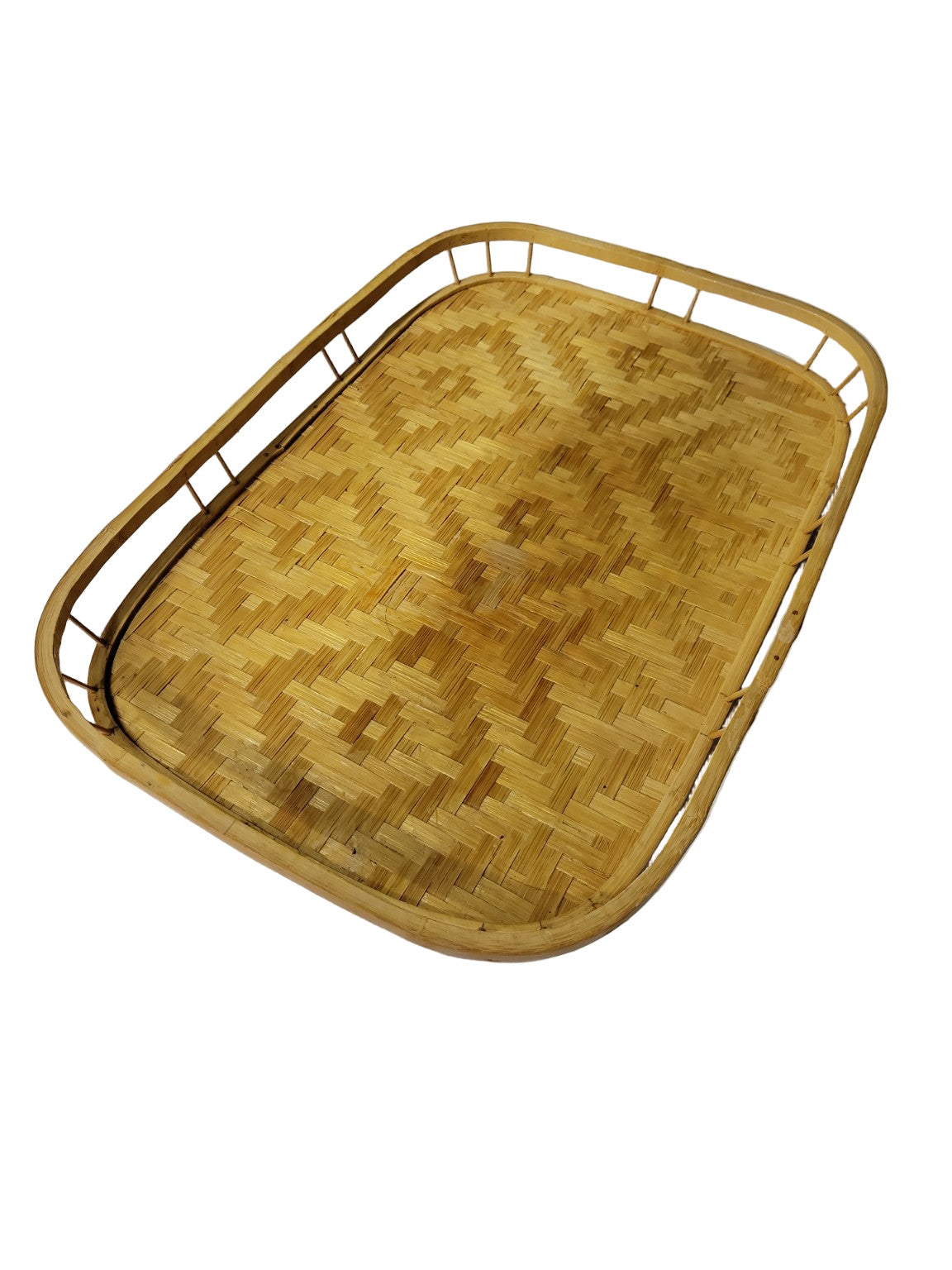 Vintage Handwoven Bamboo Serving Tray – Rectangular Wicker Pattern