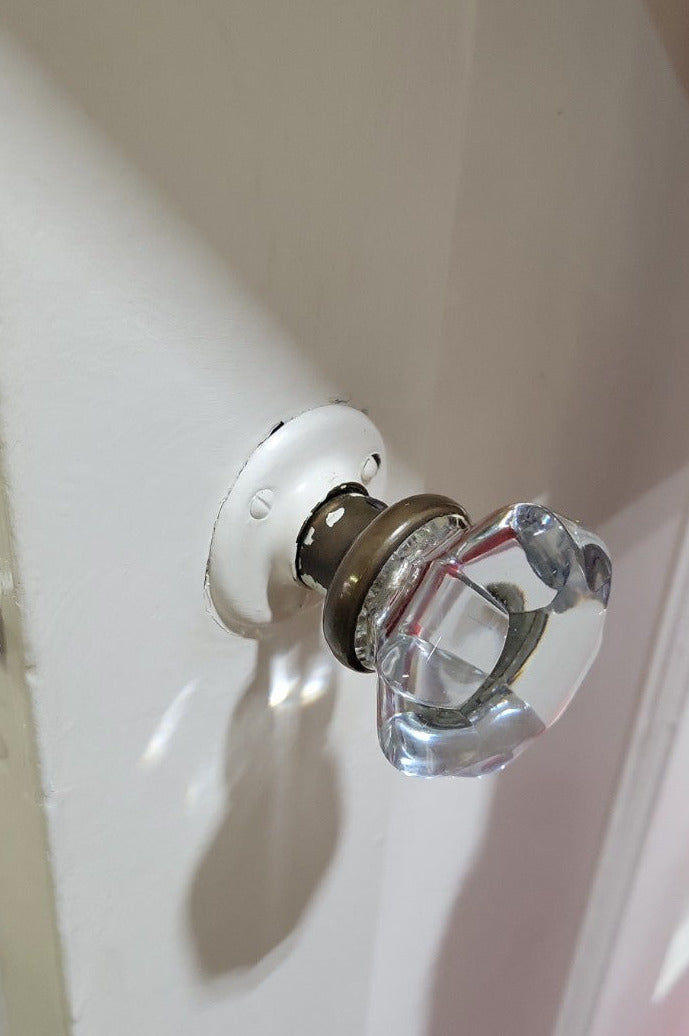 Vintage Two-Panel Interior Door with Mixed Glass and Brass Knobs