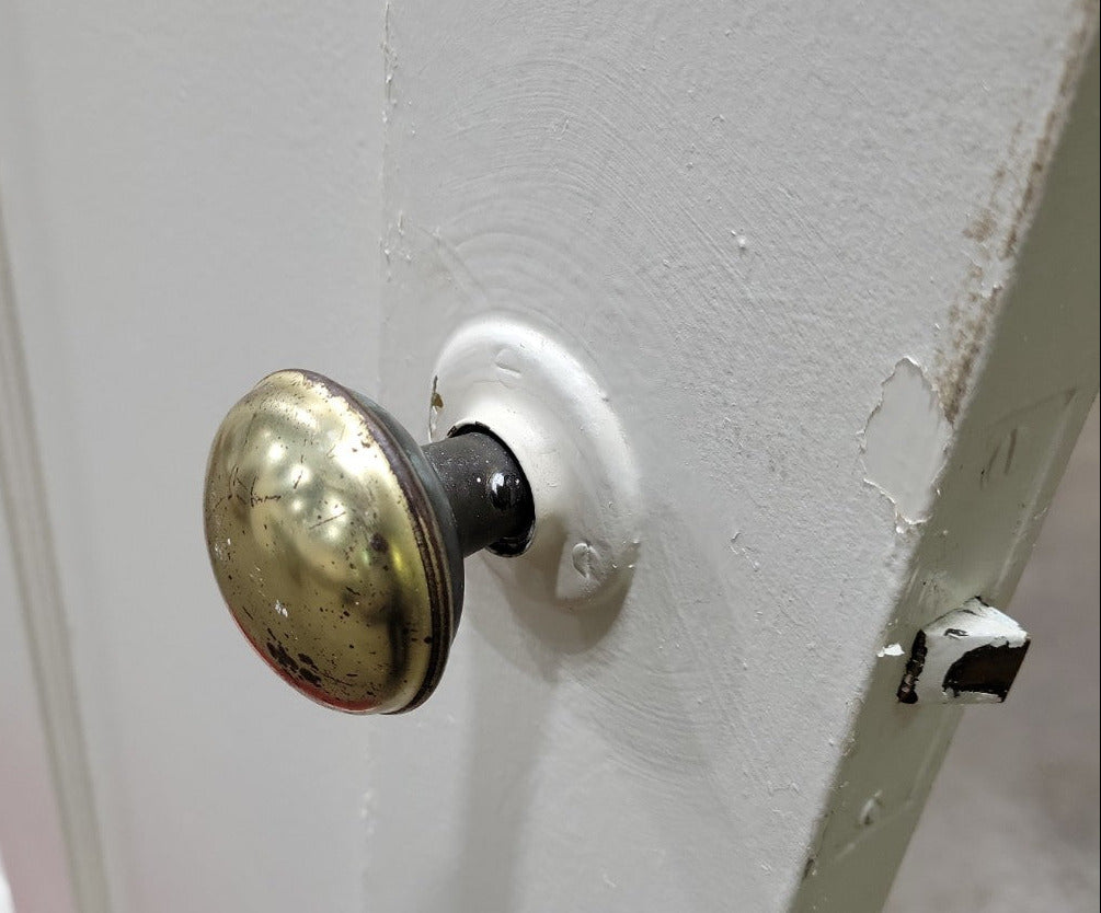 Vintage Two-Panel Interior Door with Mixed Glass and Brass Knobs