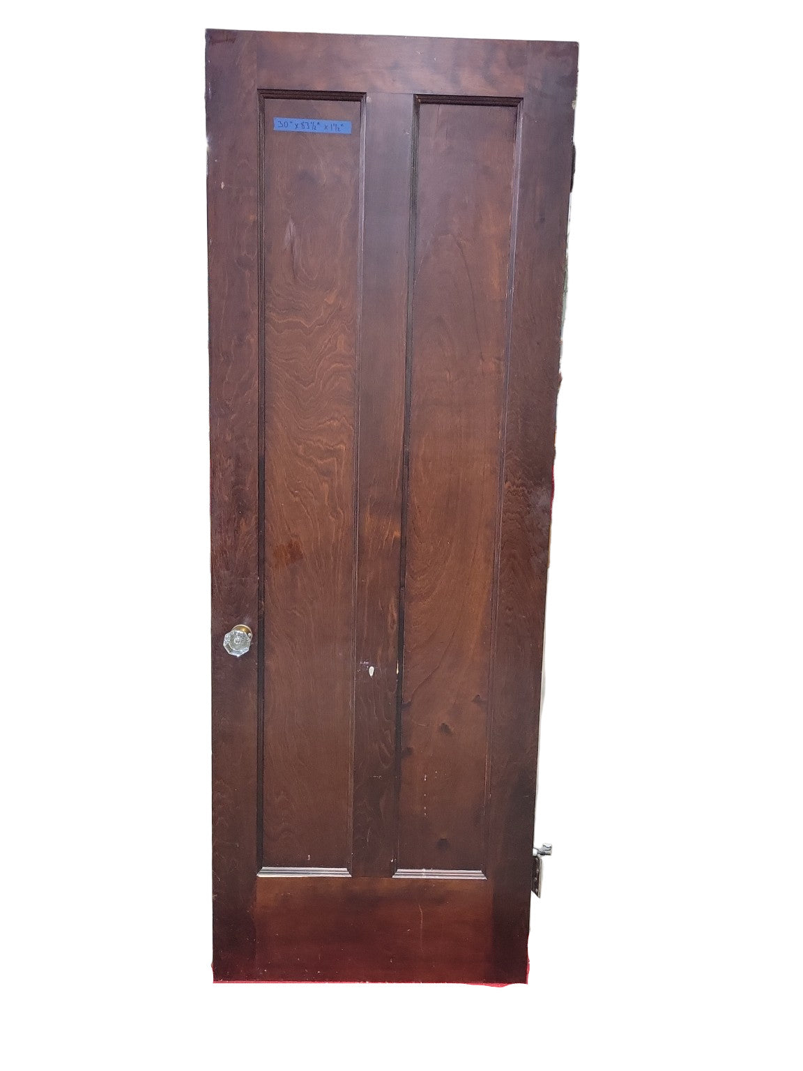 Antique Two-Panel Stained Wood Interior Door with Glass Knobs