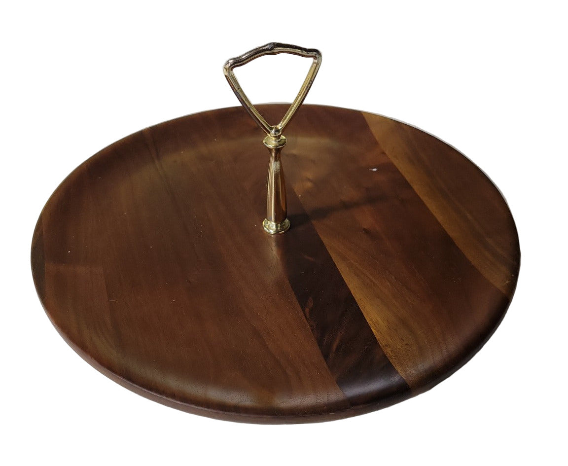 Mid-Century Vermillion Walnut Serving Tray with Brass Handle – 12 ¼" Diameter