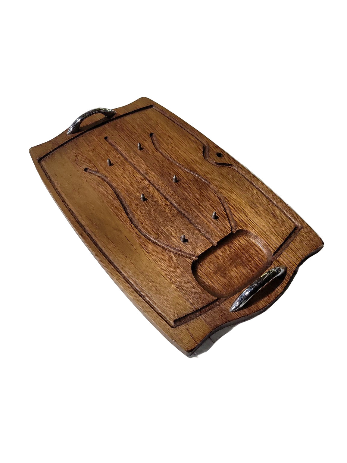 Mid-Century Imperial Hand-Carved Hardwood Carving Board with Chrome Handles – Made in Japan