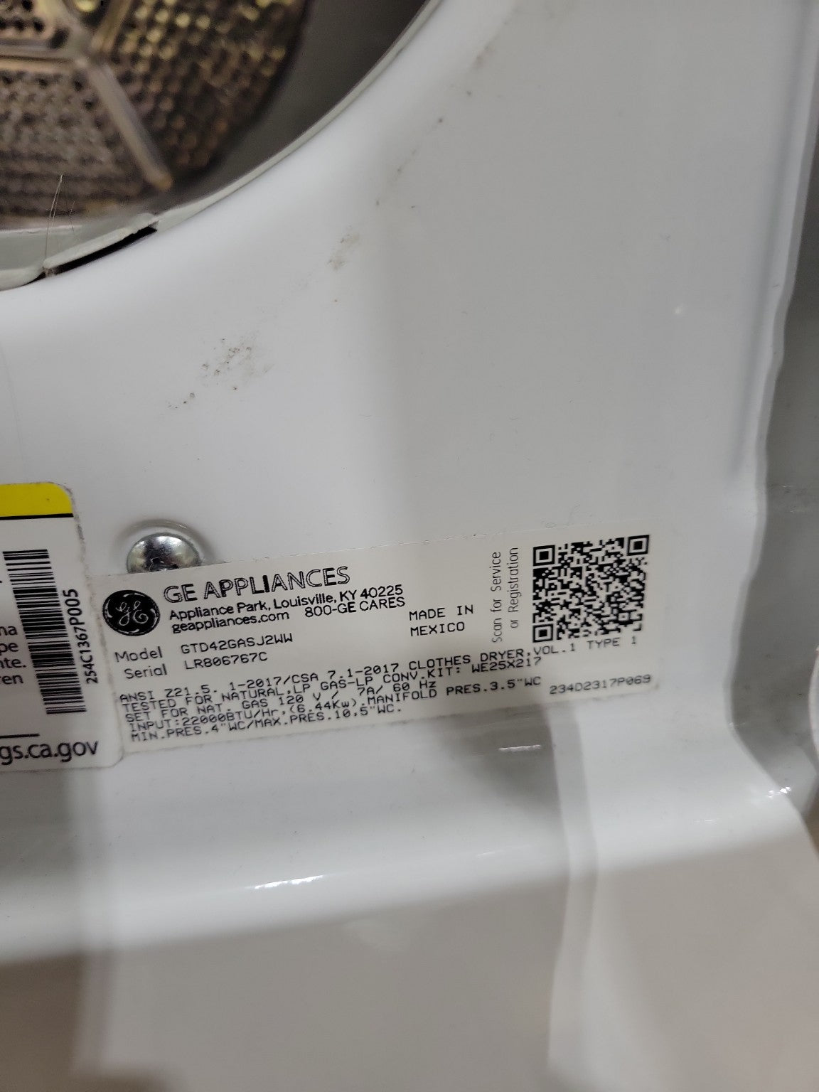 GE Gas Dryer – Model GTD42GASJ2WW (2020)