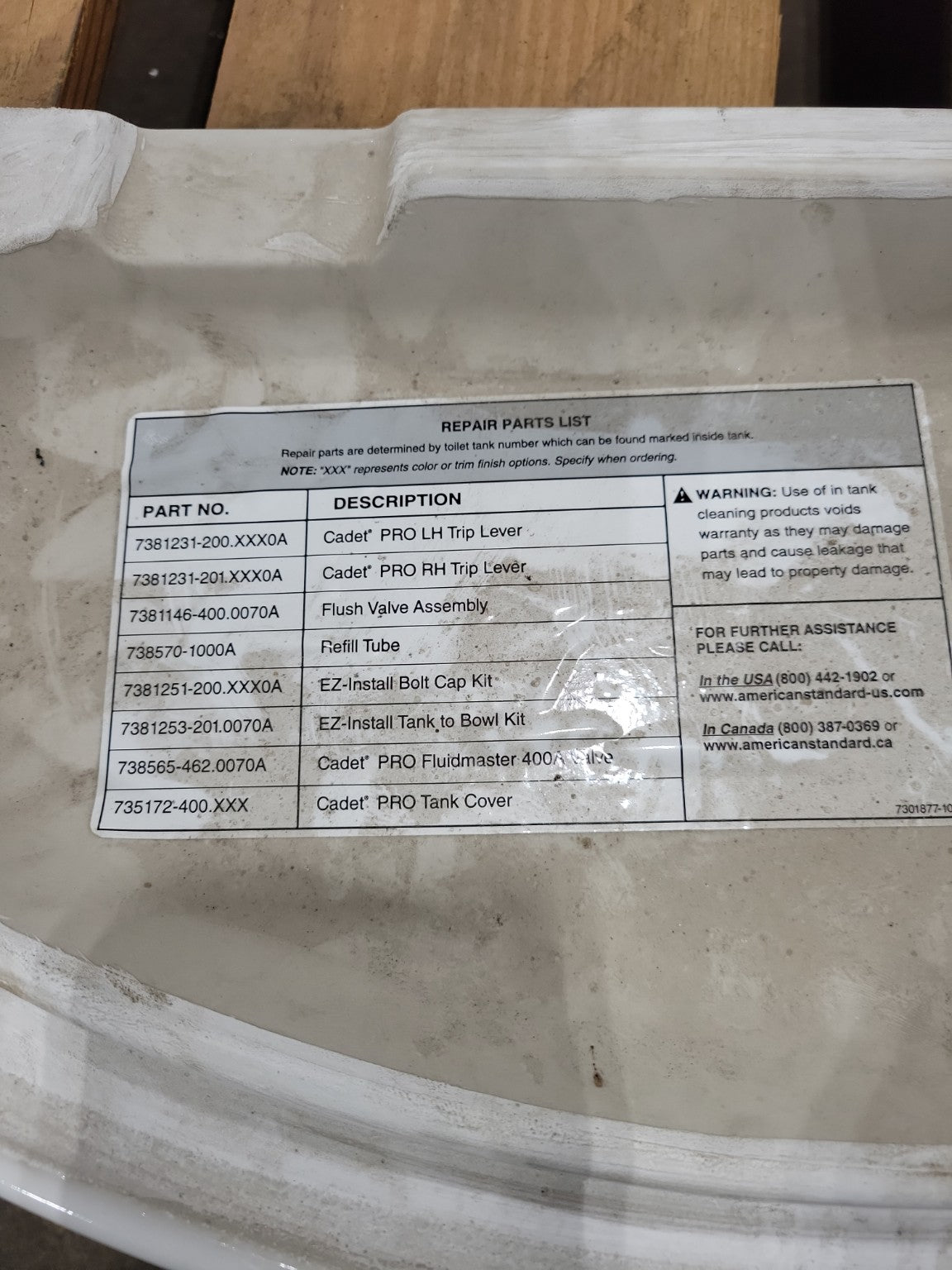 American Standard Cadet PRO Toilet Tank – Model 4133A (Made in Mexico)