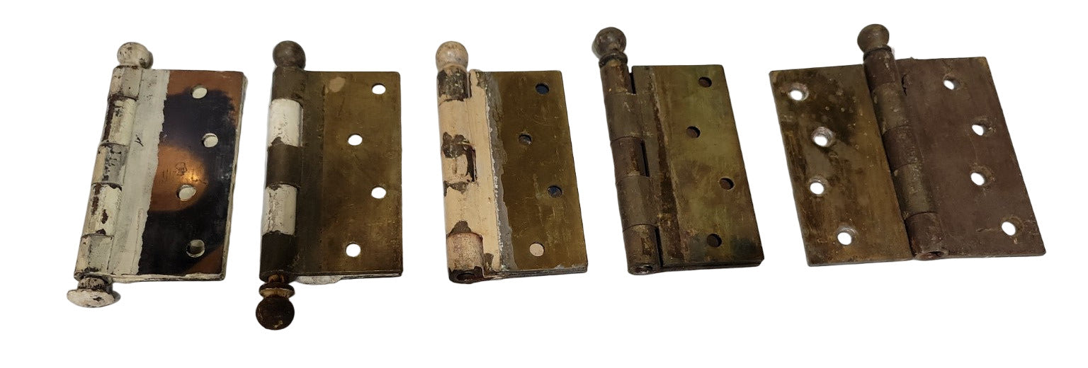 Antique Brass Ball-Tip Door Hinges – Set of 5 (4" x 4")