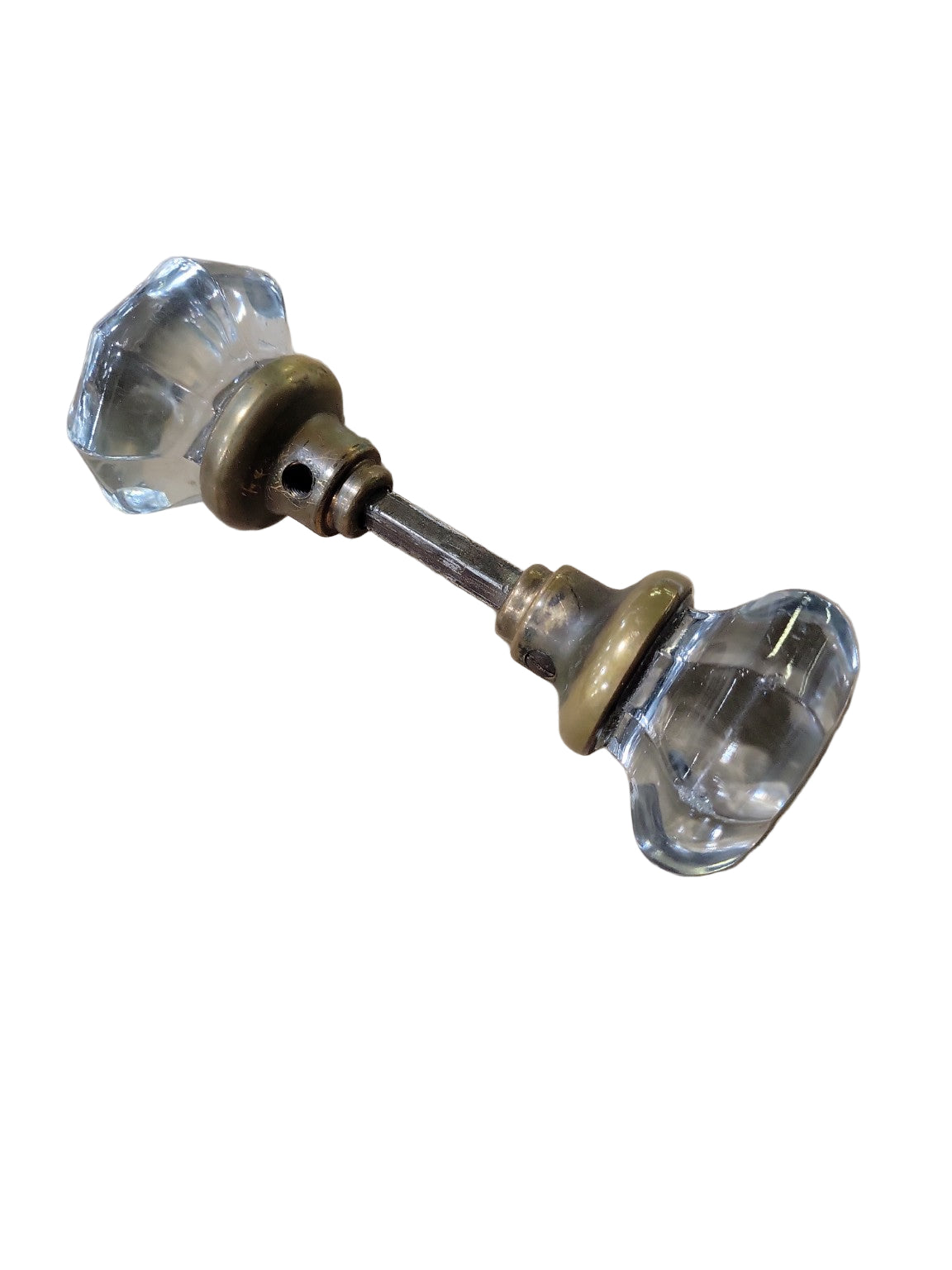 Antique Clear Glass Door Knob Set with Brass Collars – 2 ¼" Knob, 6 ½" Overall Length