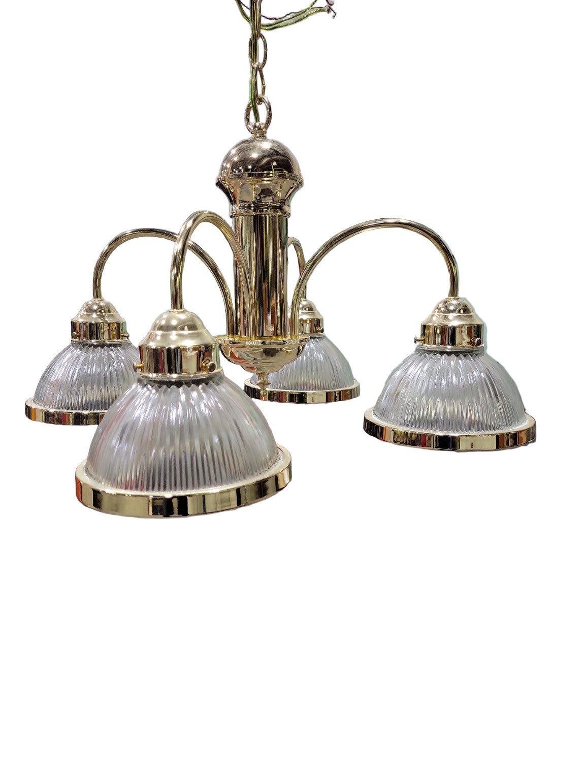 Vintage Polished Brass 4-Light Hanging Chandelier with Ribbed Glass Shades