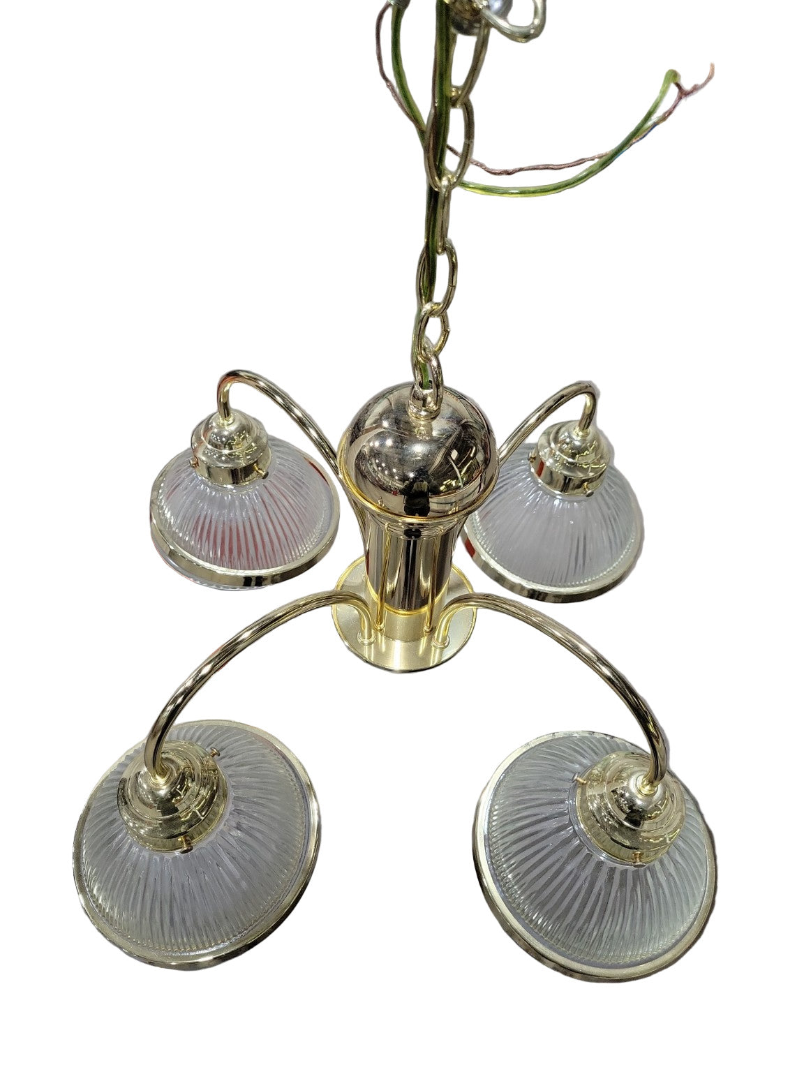 Vintage Polished Brass 4-Light Hanging Chandelier with Ribbed Glass Shades