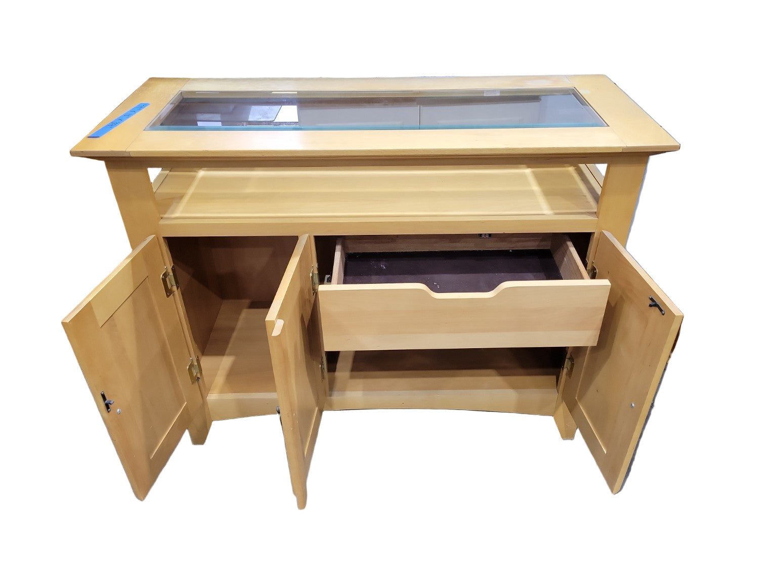 Maple Display Cabinet with Glass Top and Hidden Drawer