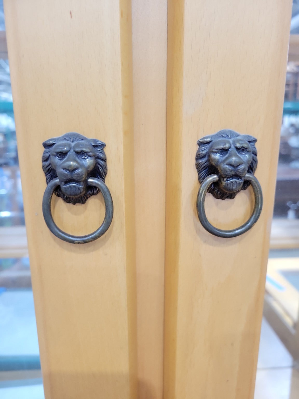 Maple China Cabinet Hutch with Glass Doors & Lion Pulls