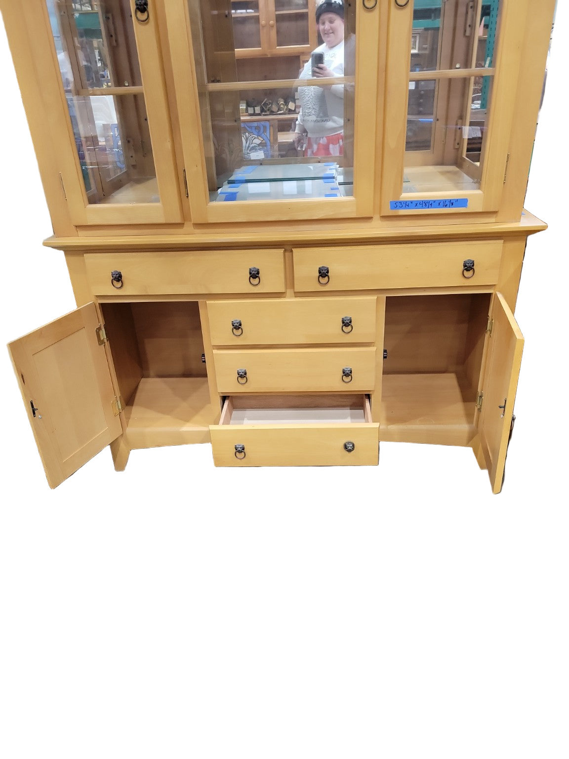 Maple China Cabinet Hutch with Glass Doors & Lion Pulls