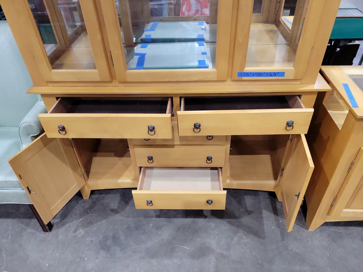 Maple China Cabinet Hutch with Glass Doors & Lion Pulls