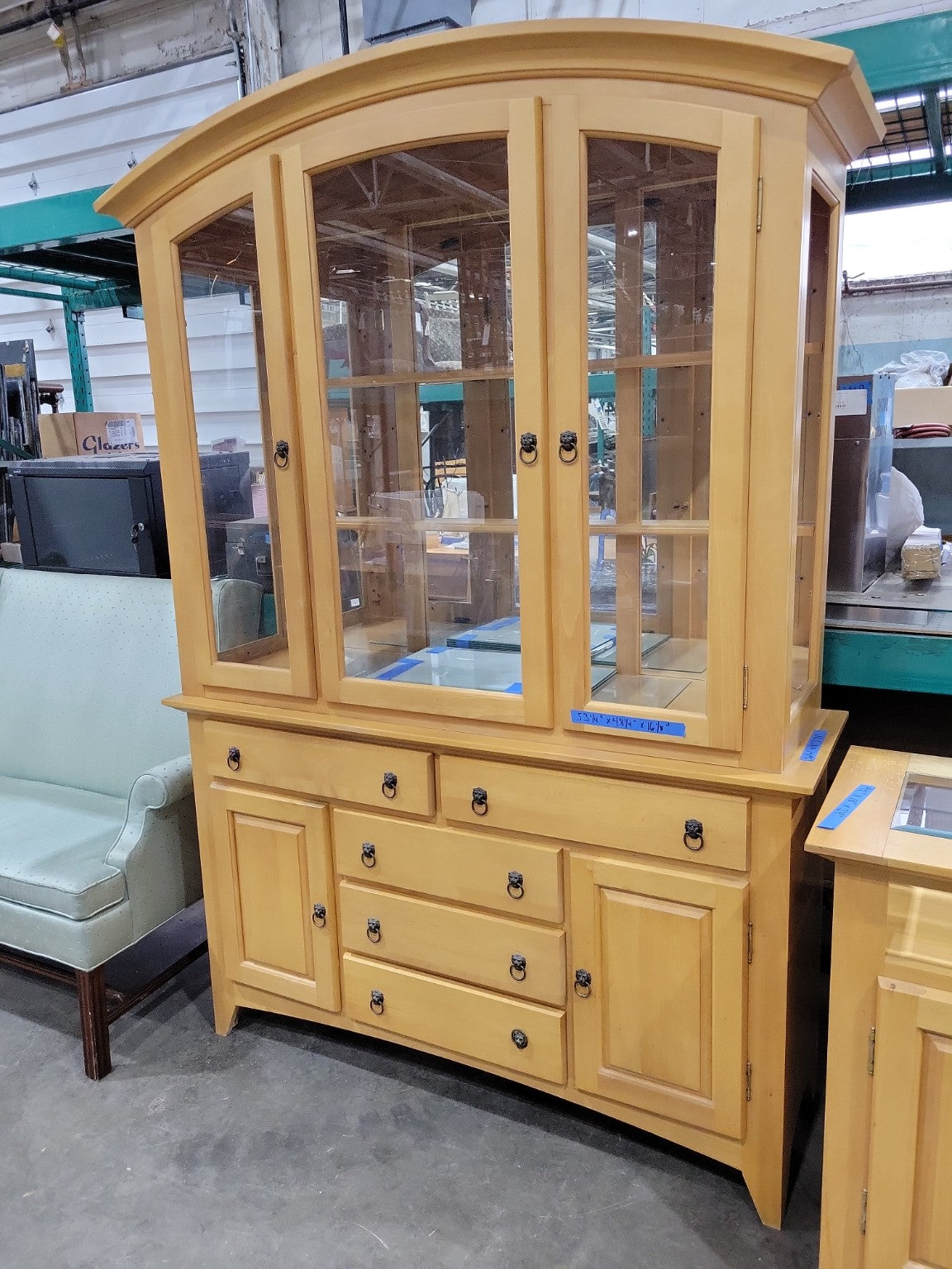 Maple China Cabinet Hutch with Glass Doors & Lion Pulls