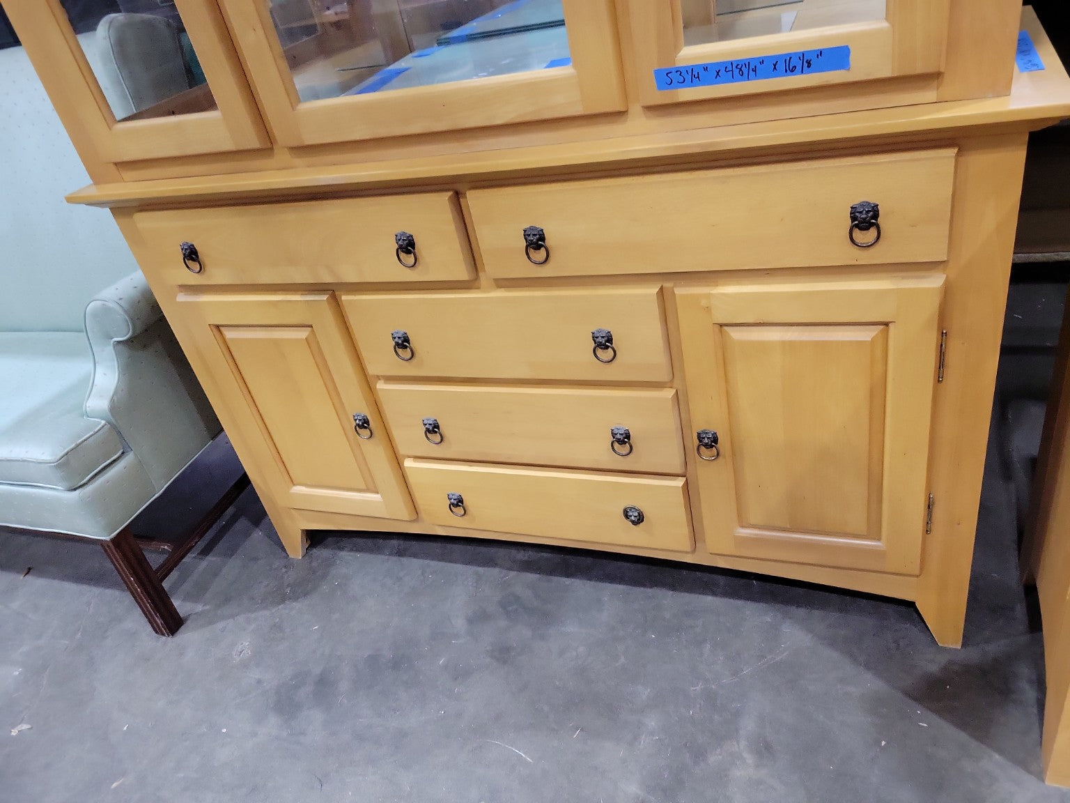 Maple China Cabinet Hutch with Glass Doors & Lion Pulls