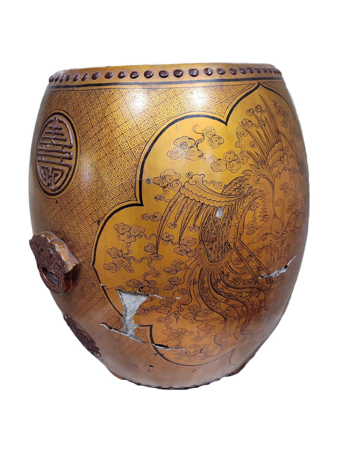 Vintage Chinese Garden Drum Stool with Phoenix and Shou Symbol