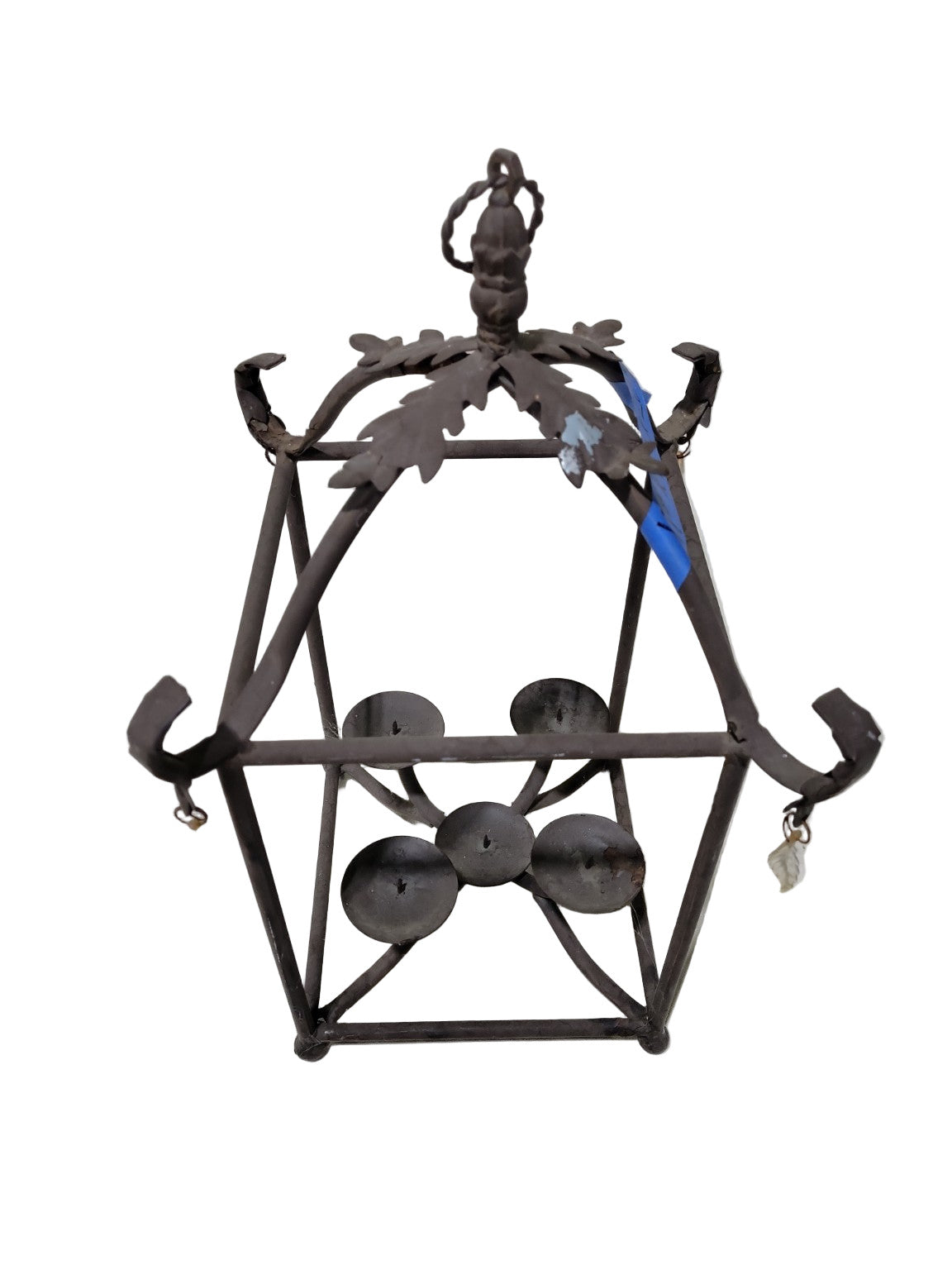 Antique Wrought Iron Hanging Candle Lantern – Leaf Motif Frame