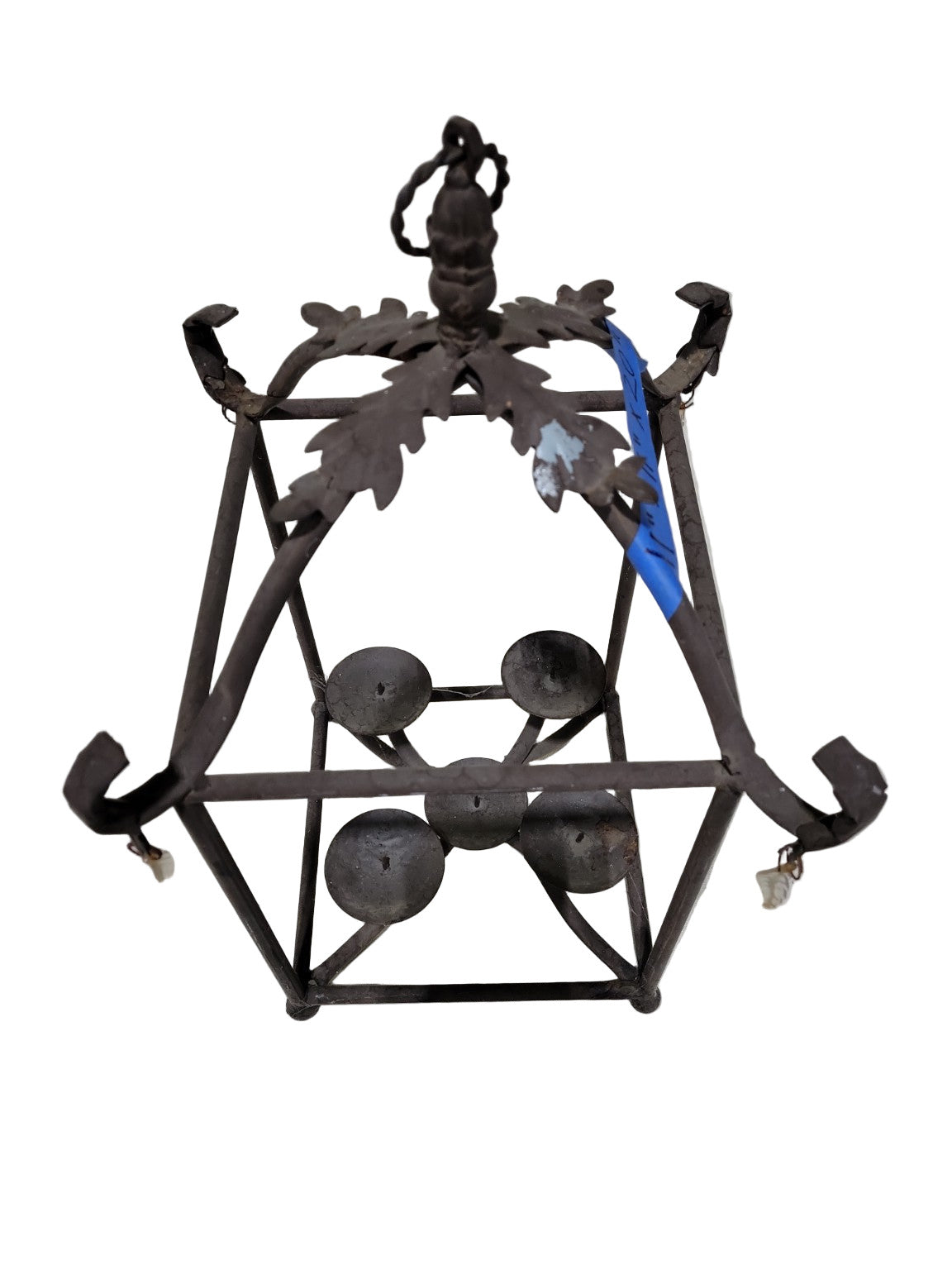 Antique Wrought Iron Hanging Candle Lantern – Leaf Motif Frame