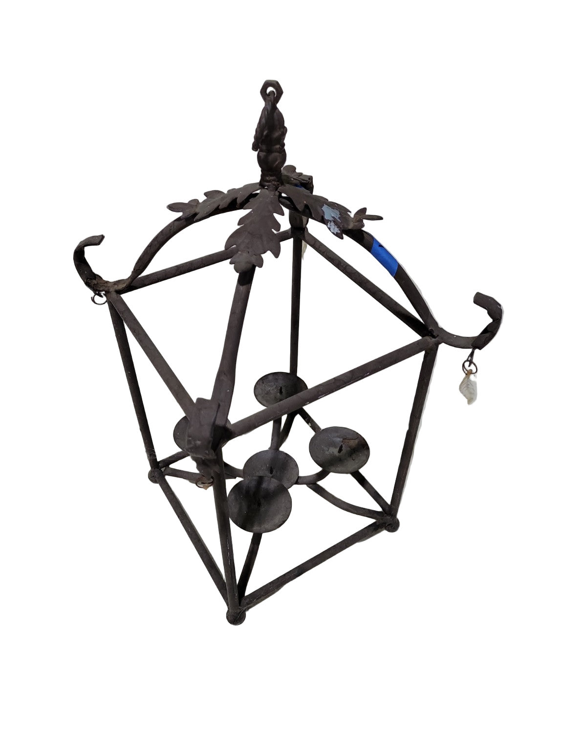 Antique Wrought Iron Hanging Candle Lantern – Leaf Motif Frame