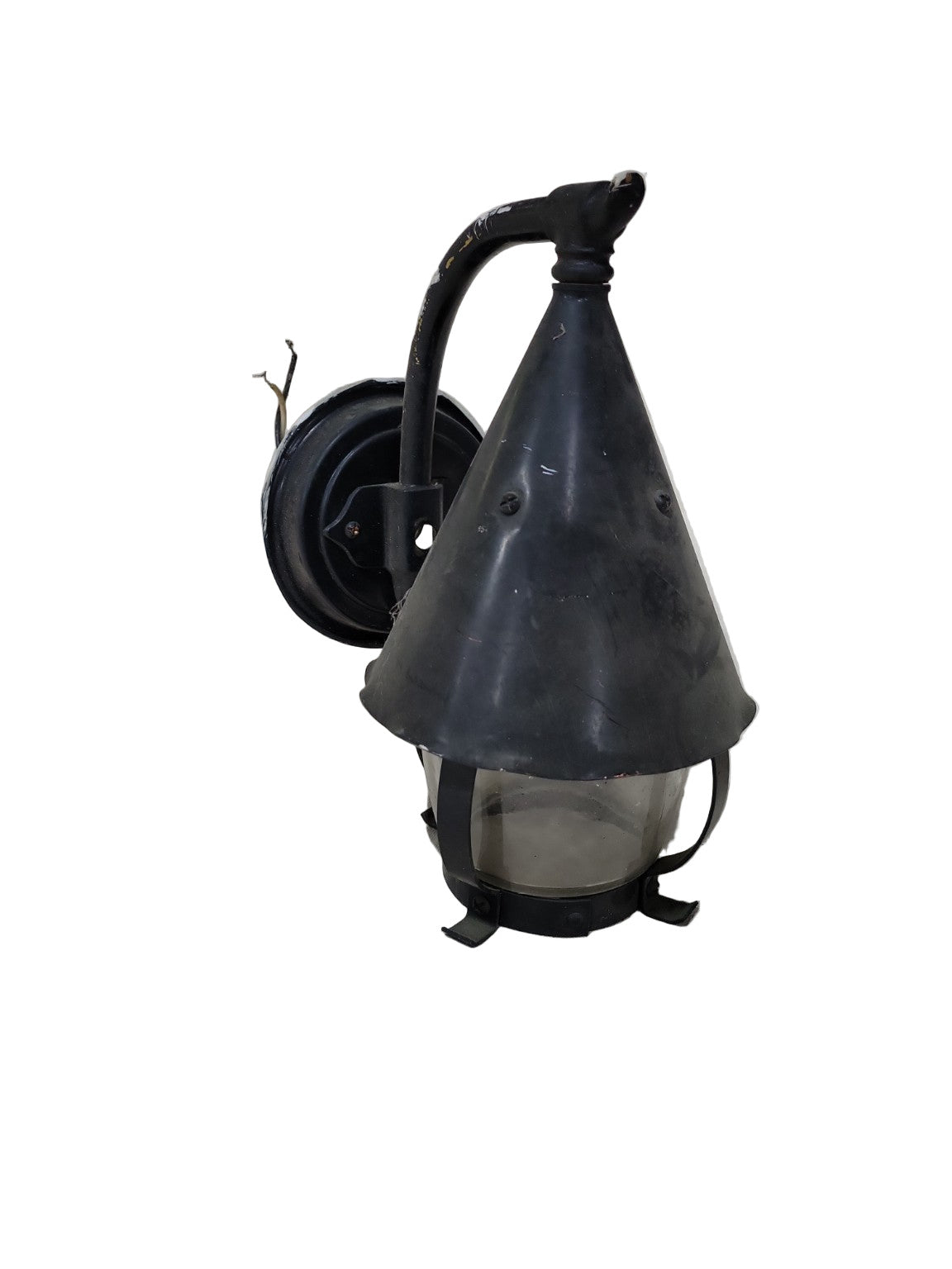 Vintage Black Metal Wall Lantern – Conical Shade with Curved Arm