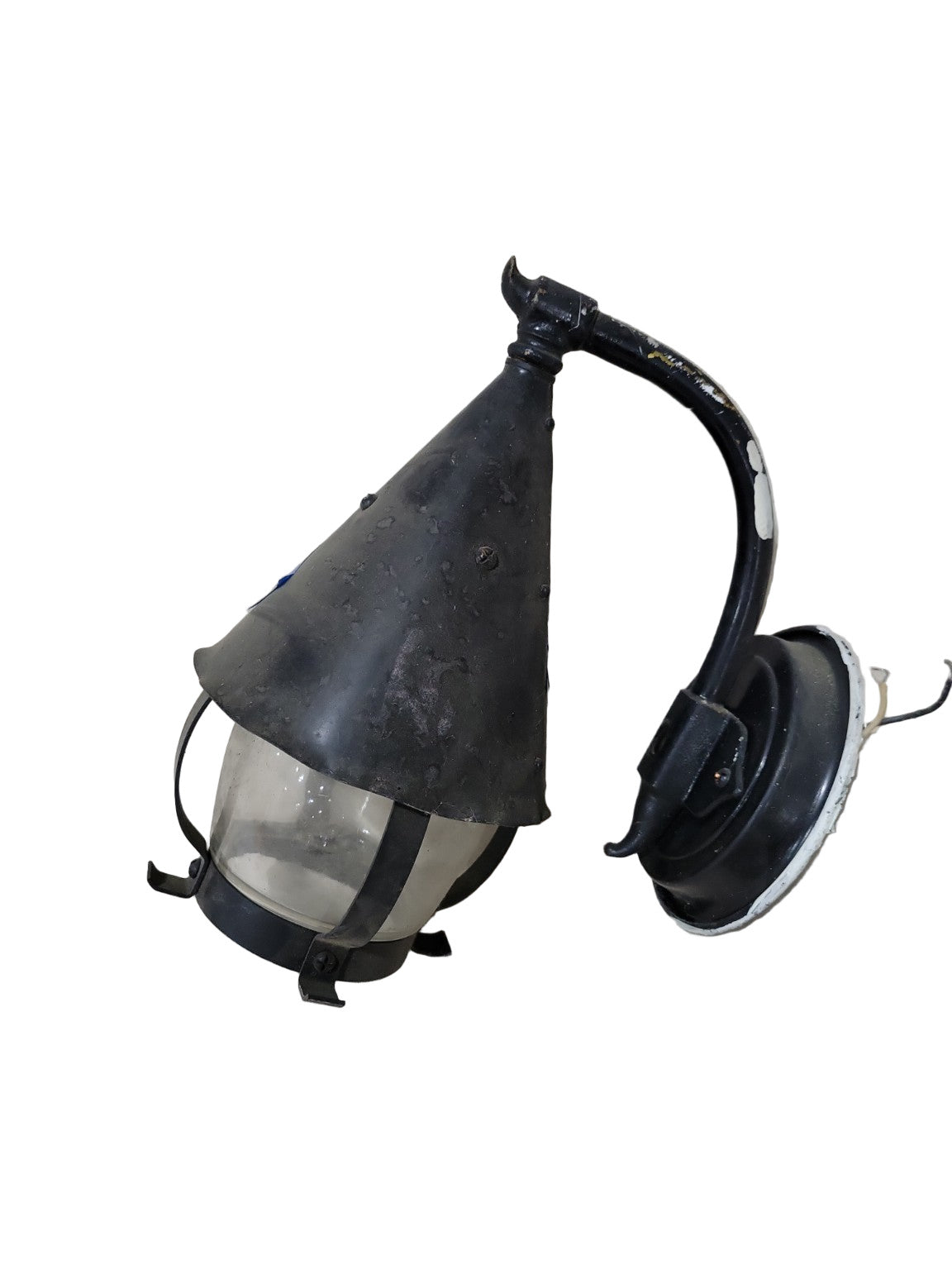 Vintage Black Metal Wall Lantern – Conical Shade with Curved Arm
