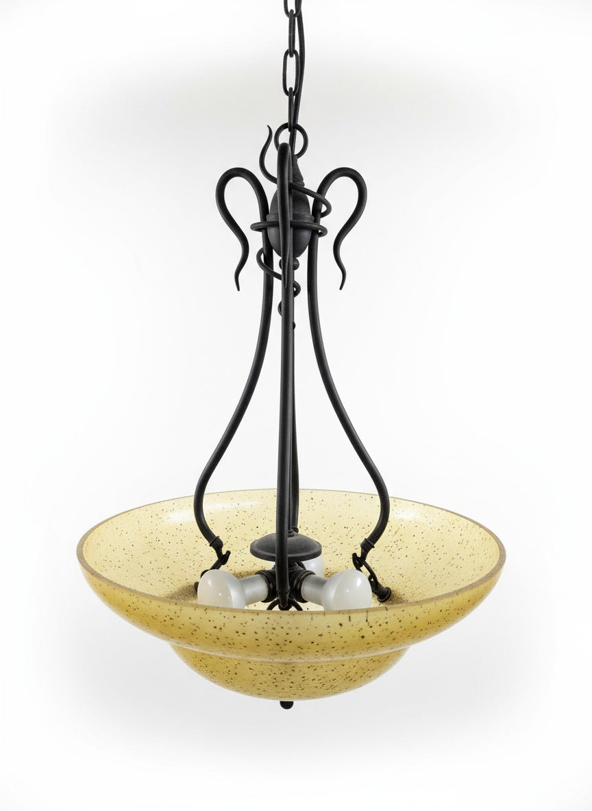 Speckled Glass Double-Bowl Hanging Light Fixture with Scroll Iron Frame