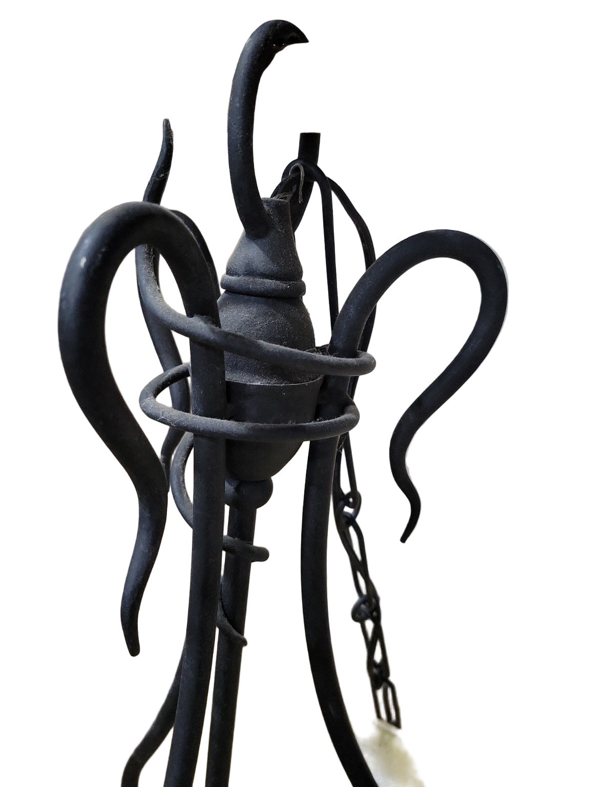 Speckled Glass Double-Bowl Hanging Light Fixture with Scroll Iron Frame