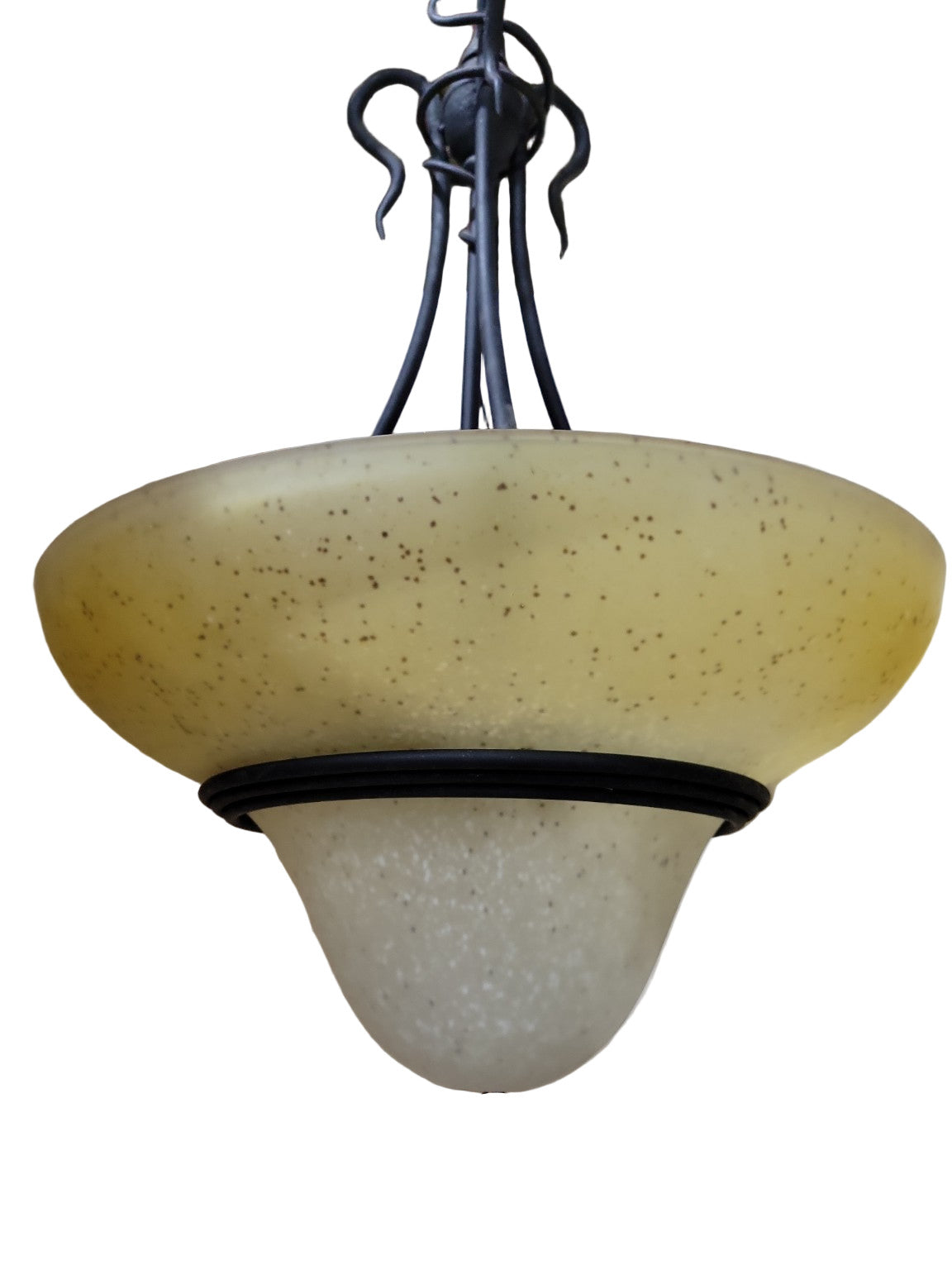 Speckled Glass Double-Bowl Hanging Light Fixture with Scroll Iron Frame