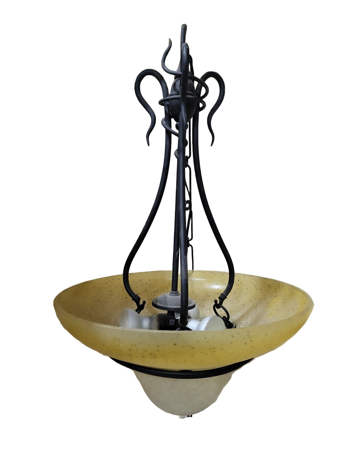 Speckled Glass Double-Bowl Hanging Light Fixture with Scroll Iron Frame