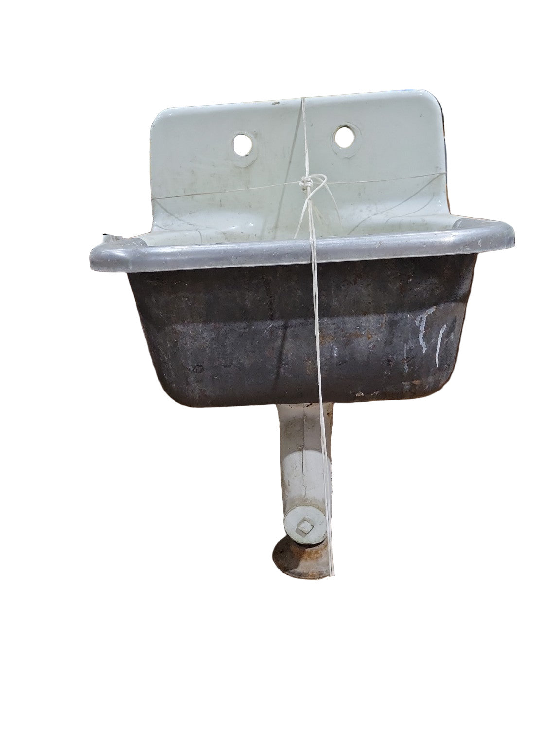 Vintage Wall-Mount Cast Iron Utility Sink with Dual Faucet Holes and Rolled Rim