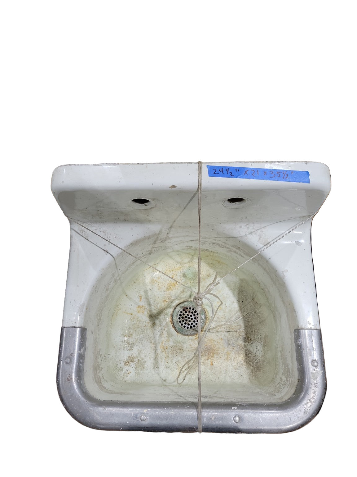 Vintage Wall-Mount Cast Iron Utility Sink with Dual Faucet Holes and Rolled Rim