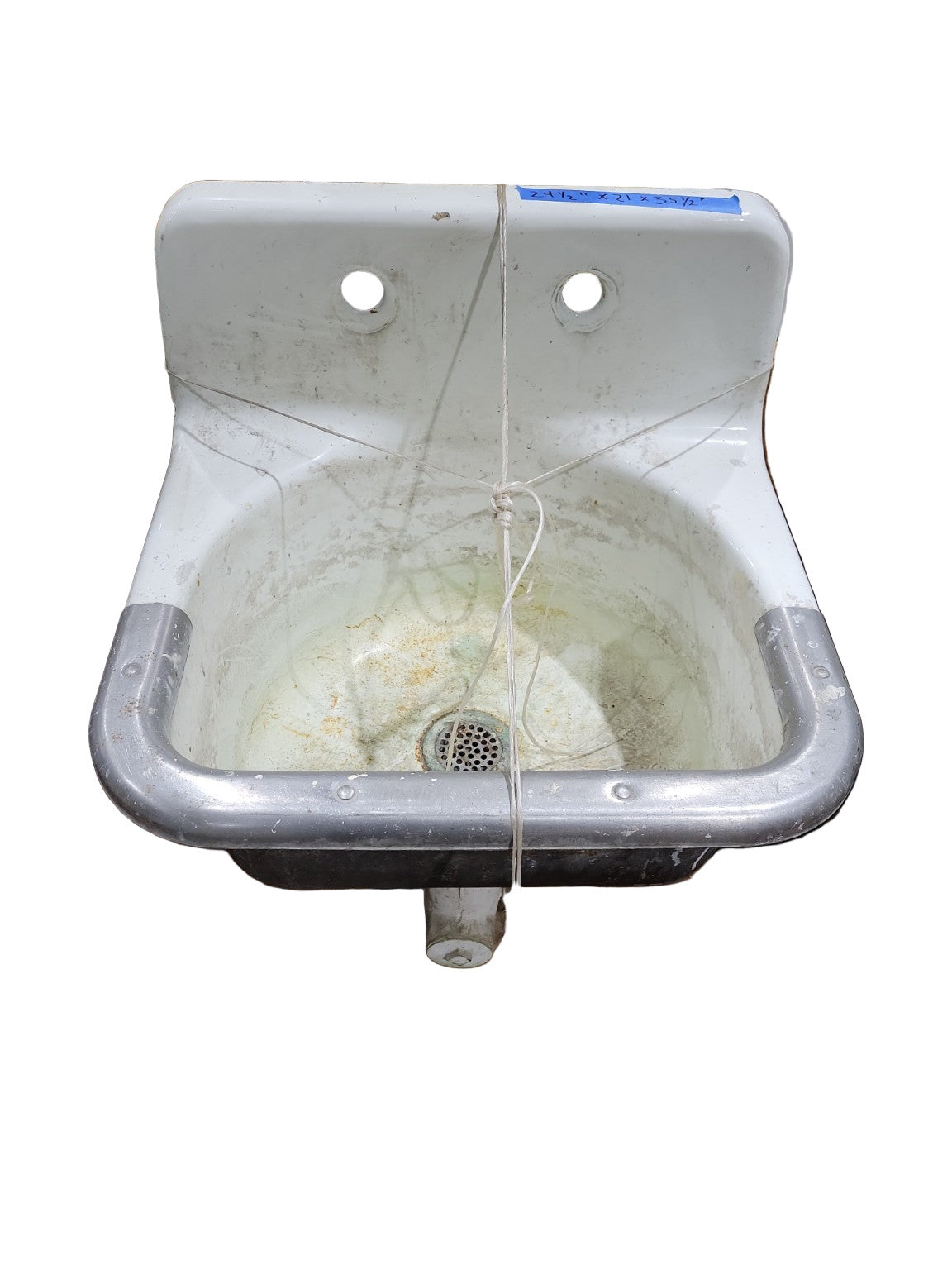 Vintage Wall-Mount Cast Iron Utility Sink with Dual Faucet Holes and Rolled Rim