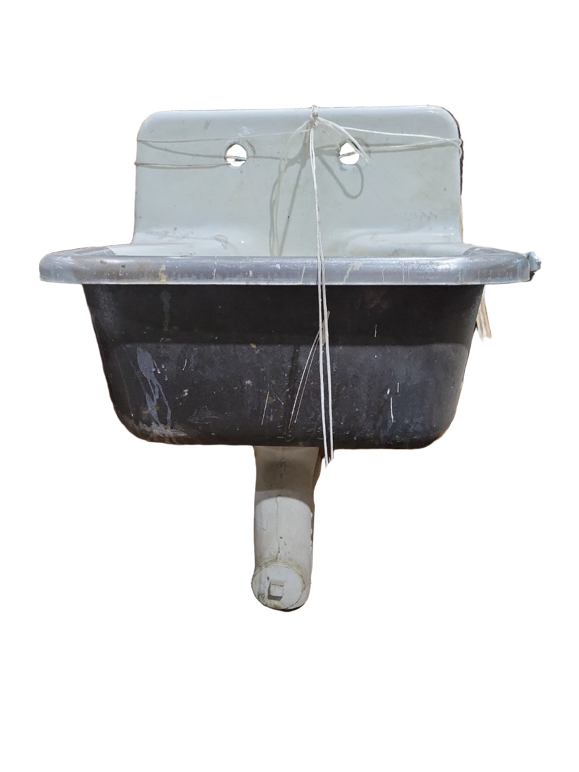 Wall-Mounted Cast Iron Utility Sink with Rolled Edge and Dual Faucet Ports – 1930s Industrial