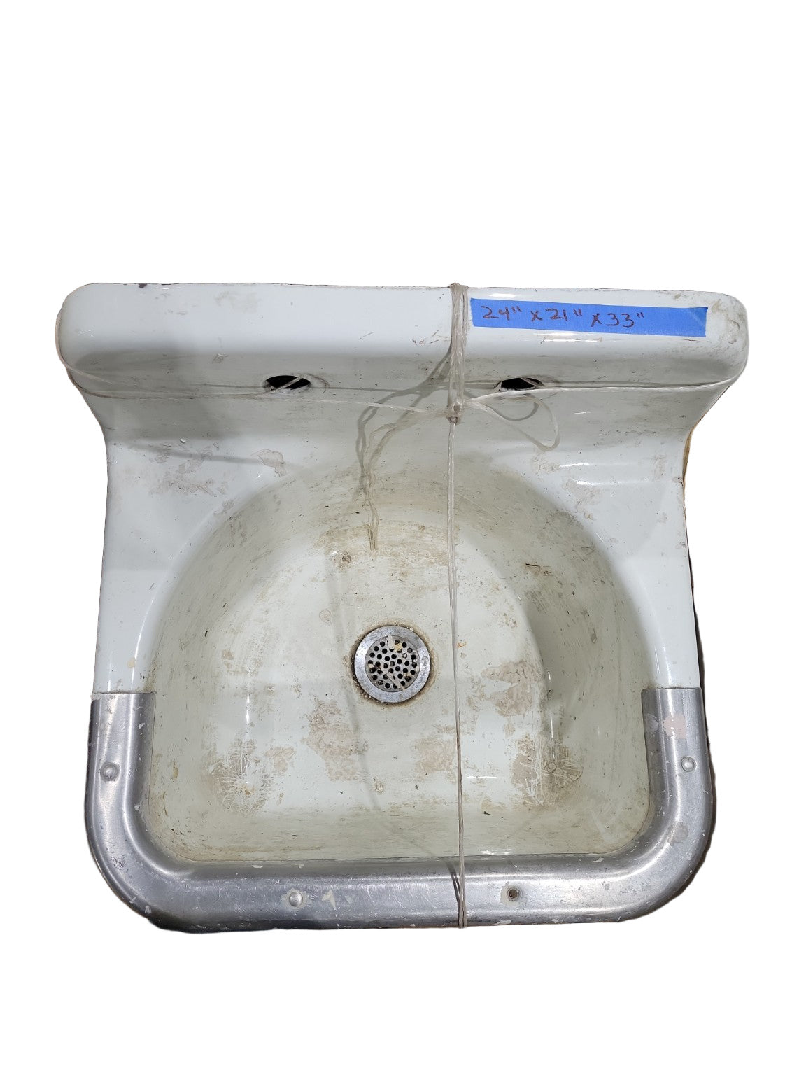 Wall-Mounted Cast Iron Utility Sink with Rolled Edge and Dual Faucet Ports – 1930s Industrial