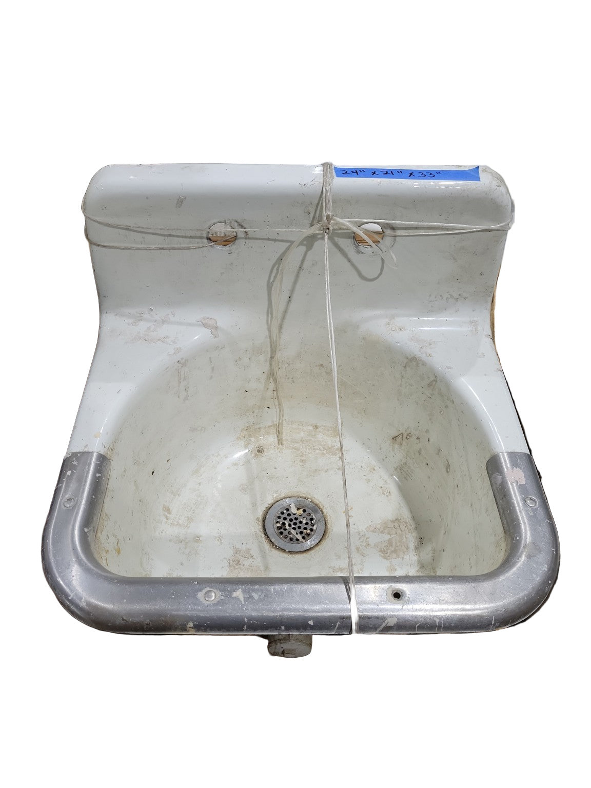 Wall-Mounted Cast Iron Utility Sink with Rolled Edge and Dual Faucet Ports – 1930s Industrial
