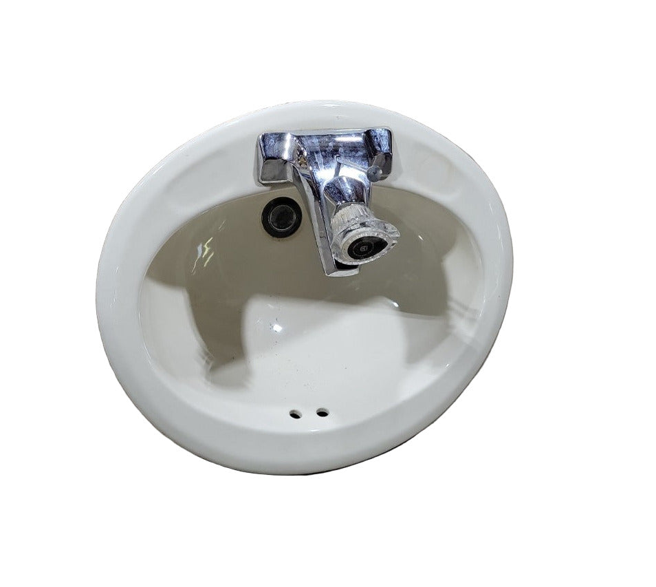 Vintage Round Drop-In Bathroom Sink with Faucet – Off-White