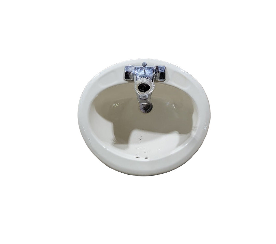 Vintage Round Drop-In Bathroom Sink with Faucet – Off-White