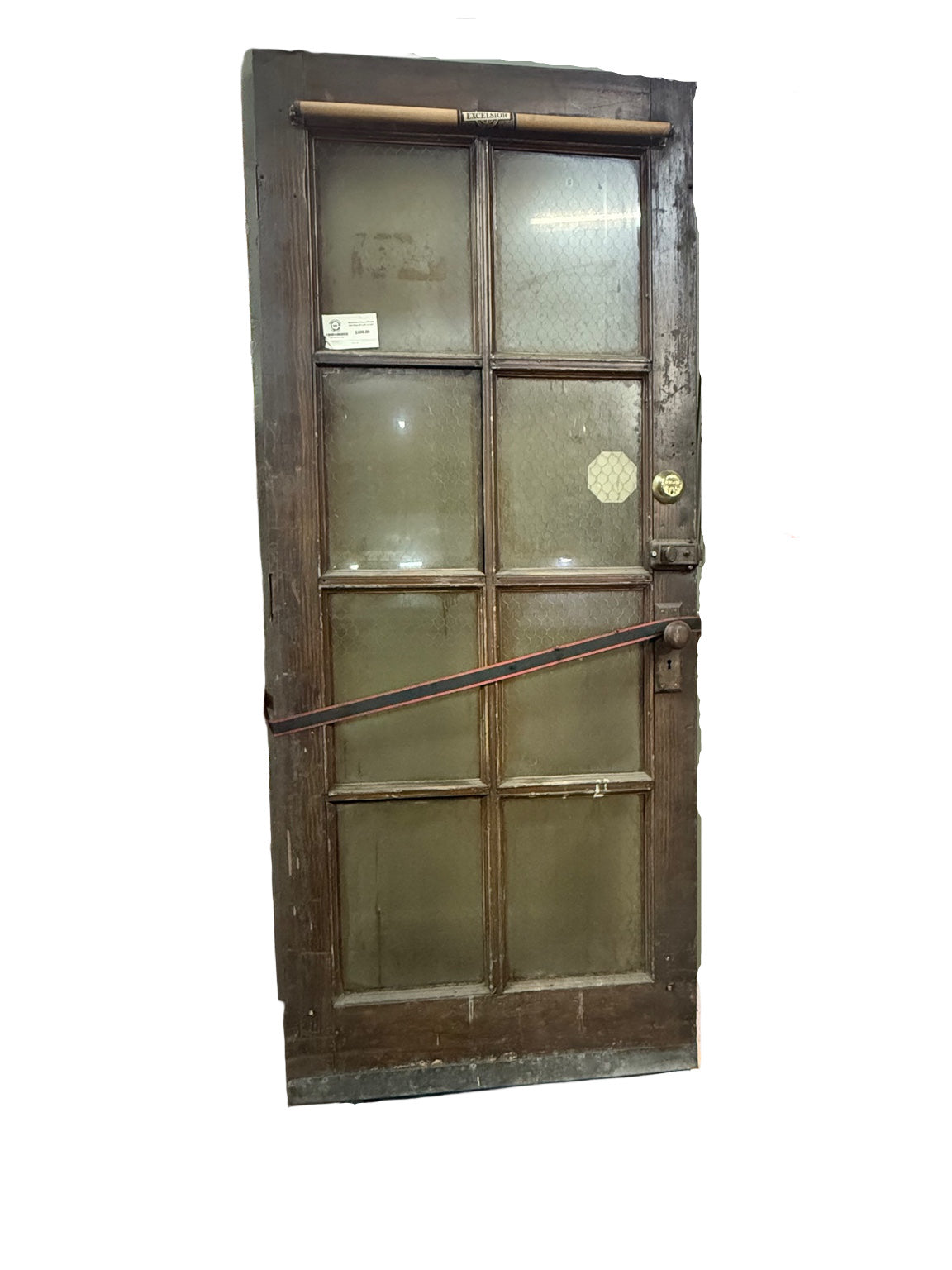 Antique 8-Pane Wood Door with Chicken Wire Glass and Brass Hardware