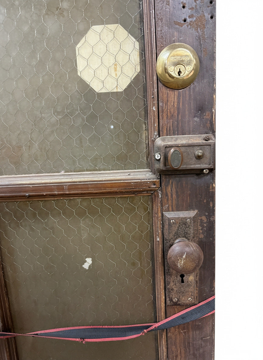 Antique 8-Pane Wood Door with Chicken Wire Glass and Brass Hardware