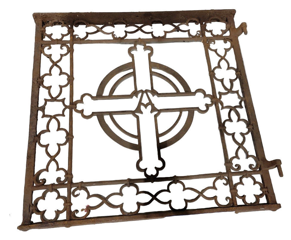 Pair of Antique Cast Iron Grates with Gothic Cross Motif – 23 ½ x 24