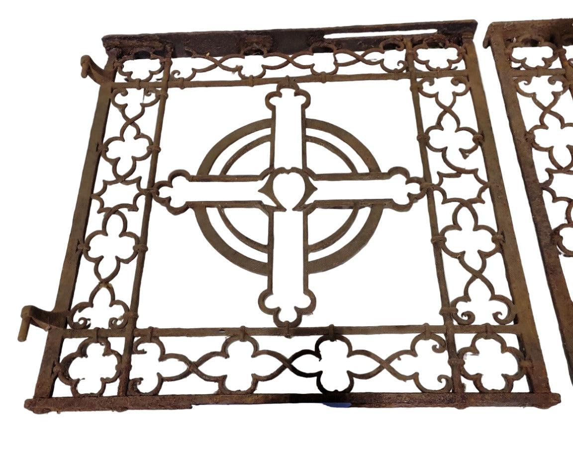 Pair of Antique Cast Iron Grates with Gothic Cross Motif – 23 ½ x 24