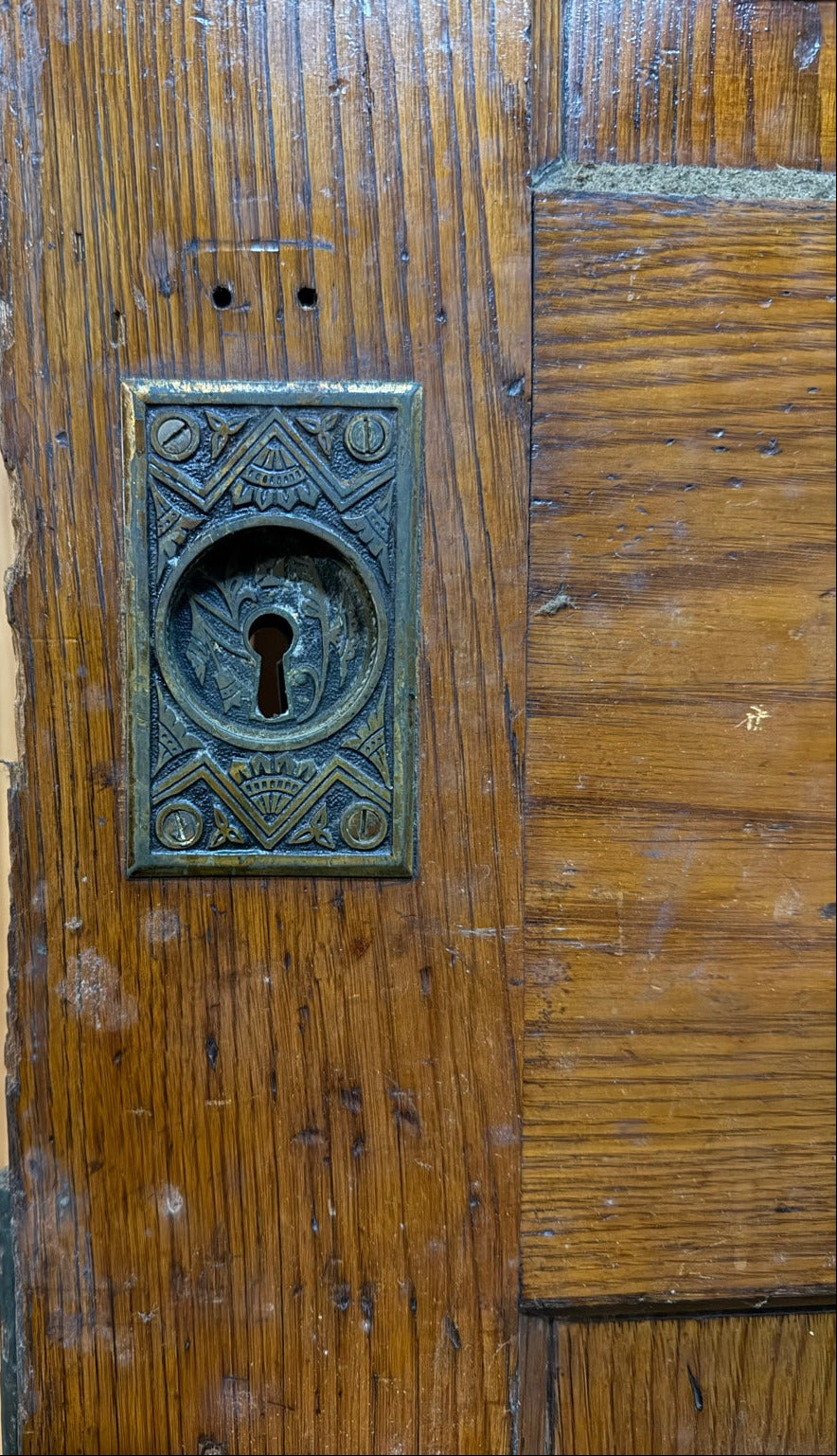 Antique Four Panel Oak Pocket Door with Eastlake Brass Hardware