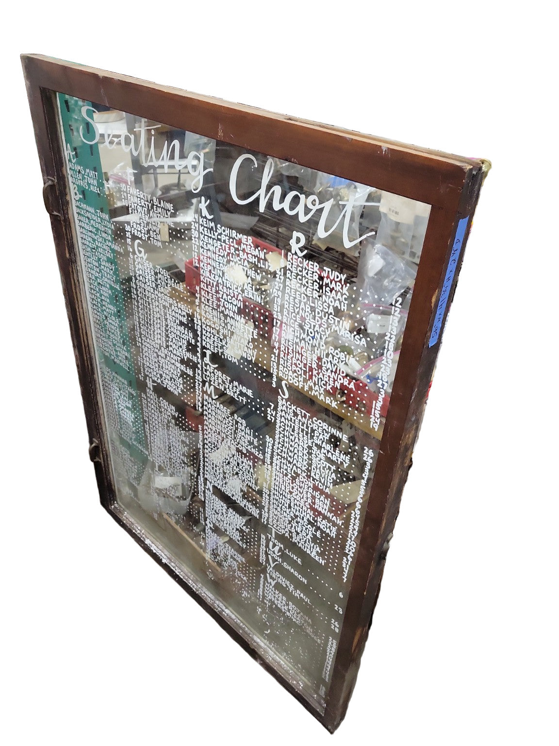 Antique Salvaged Glass Seating Chart Frame – Hand-Painted Calligraphy